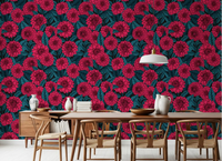 Vibrant Red Dahlia garden wallpaper surrounds the dining room table perfectly.