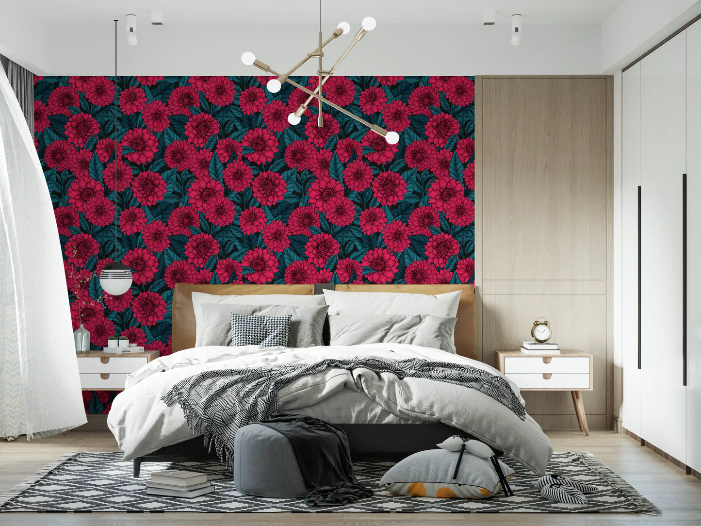 Giant red dahlias bloom across the custom wallpaper completing this calm bedroom.