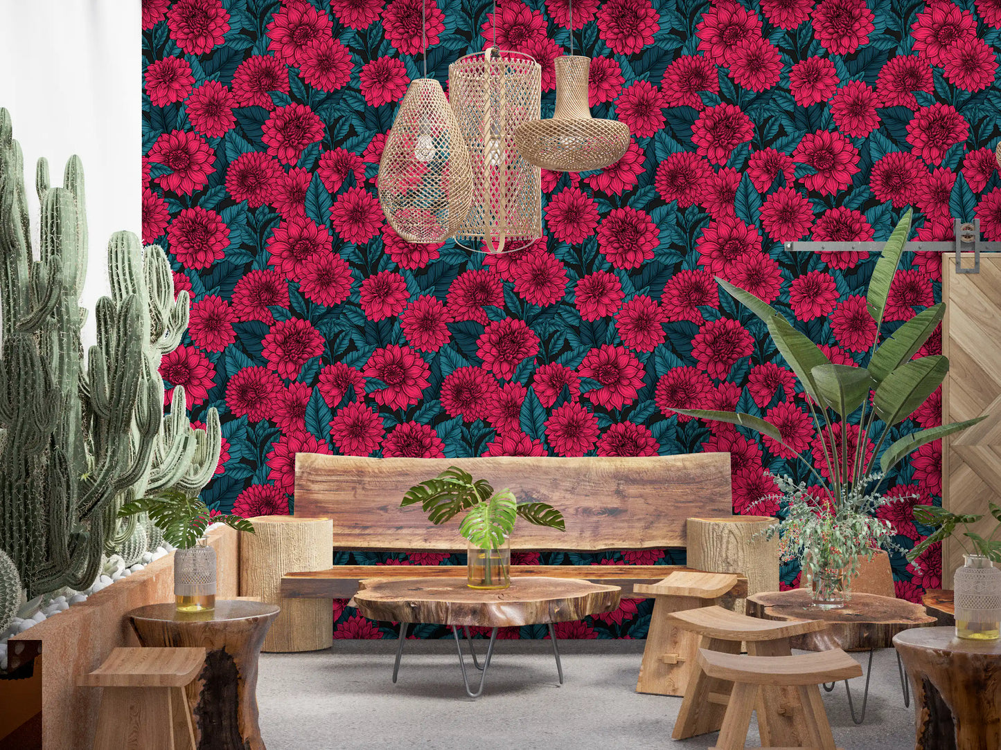 A restaurant dining area our striking blue leaves floral wallpaper.