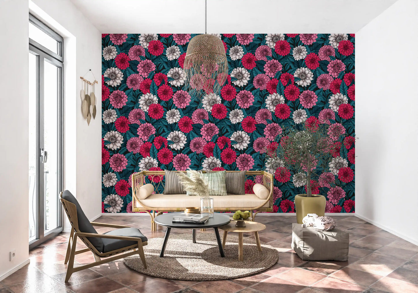 Dense botanical linework shapes the lovely pink wallpaper.