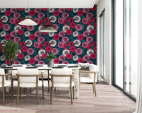 A dining room features the bright Dahlia wallpaper wonderfully.