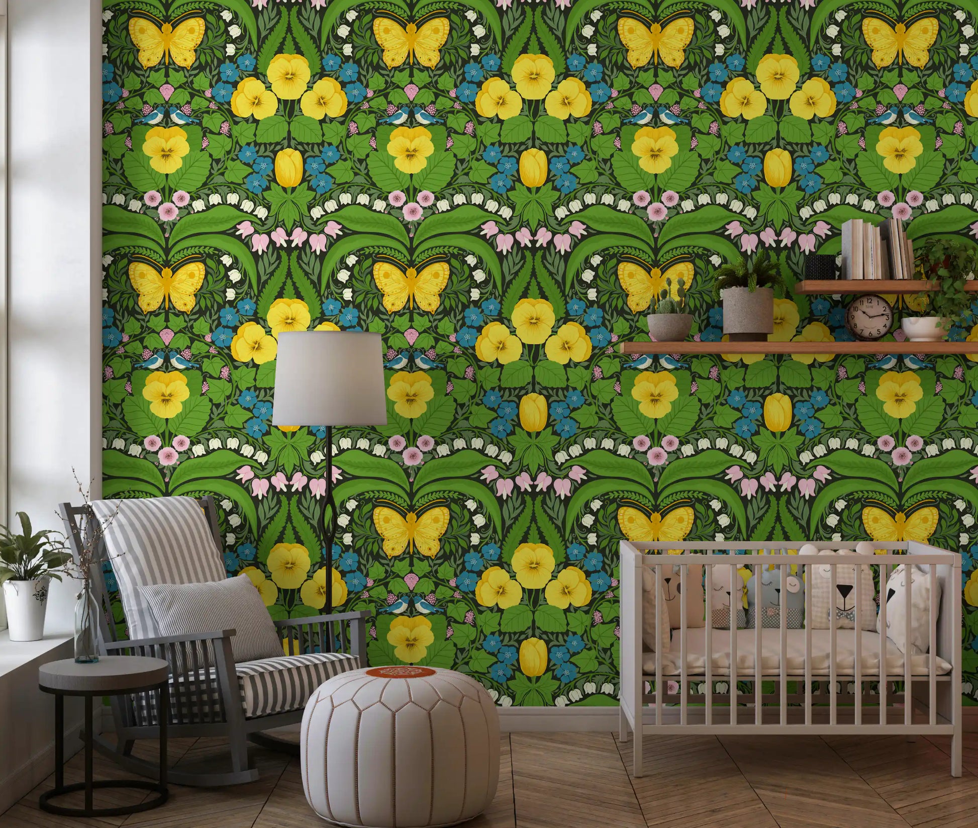 Botanical butterflies wallpaper sets a vibrant tone inside the Nursery.