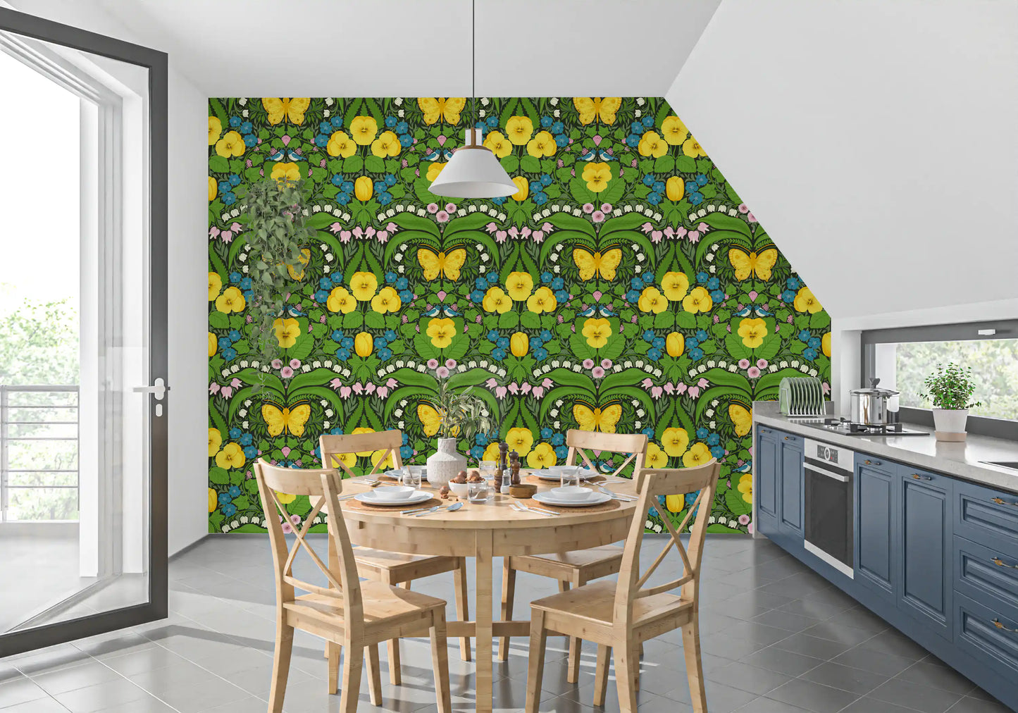 This contemporary dining room displays the symmetrical Dollhouse wallpaper prominently.