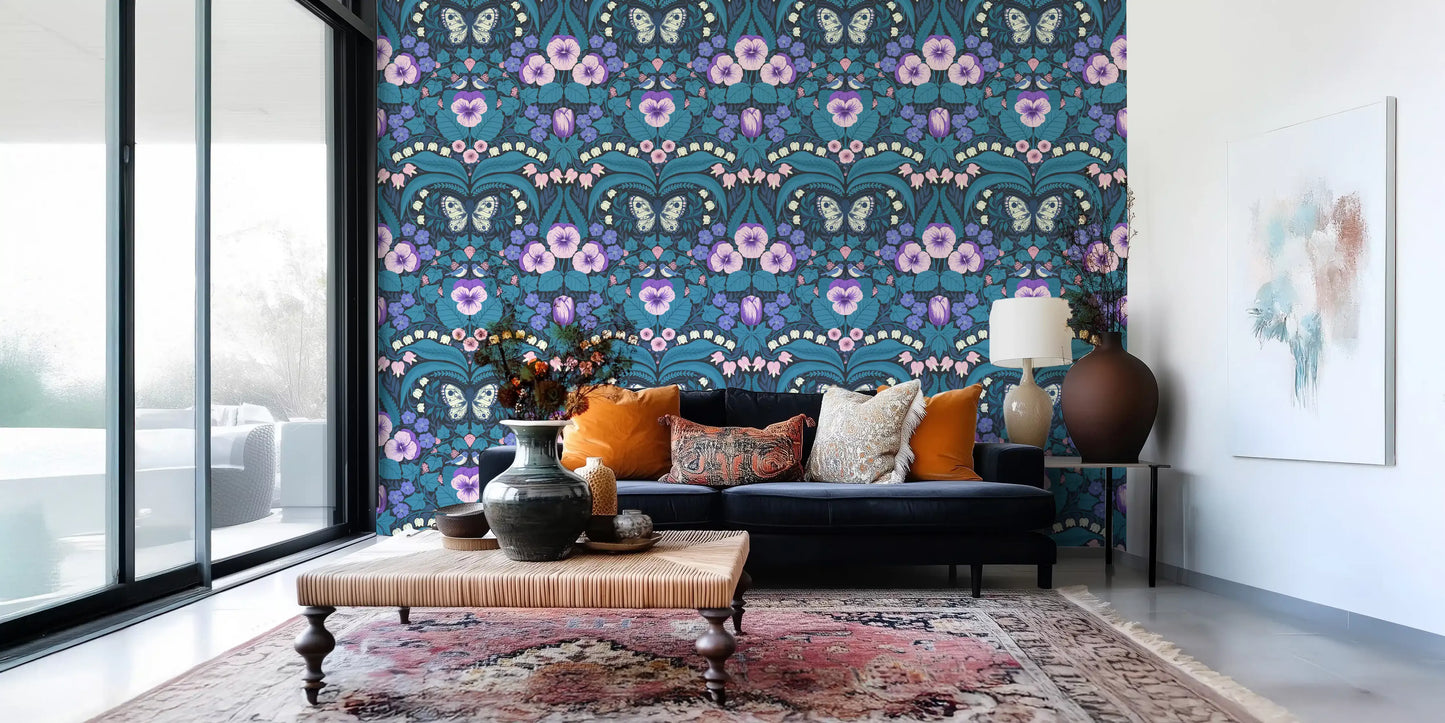 The enchanting Dollhouse garden wallpaper stretches across a quiet lounge.