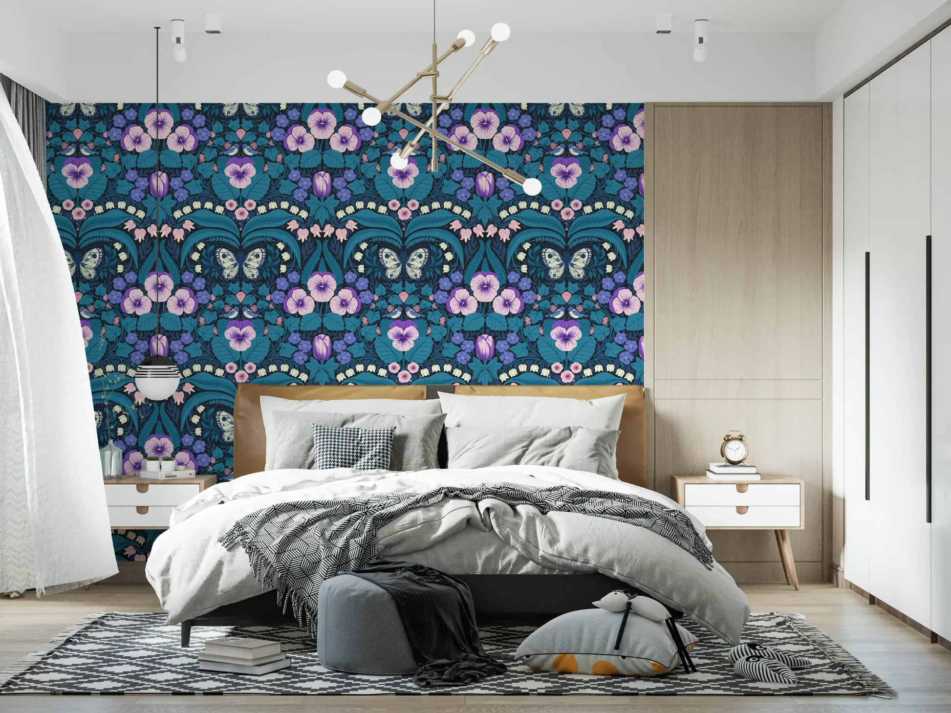 Deep floral patterns enrich a bright Bedroom using the Dollhouse garden wallpaper.