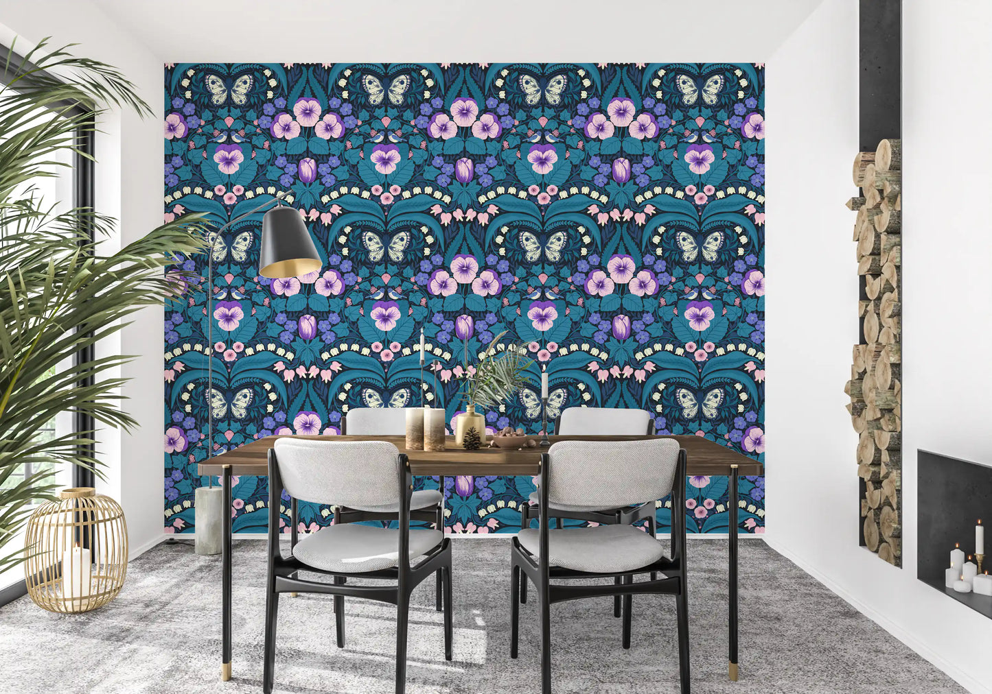 Our intricate pansies wallpaper serves as a dark backdrop for a modern dining room.