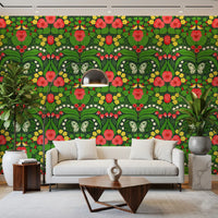 Balanced leaves form the Dollhouse garden, pansies, birds and butterflies wallpaper.