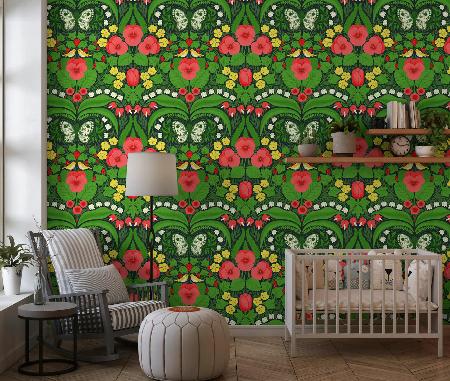 Green botanical motifs from the butterflies wallpaper line this long modern Nursery.