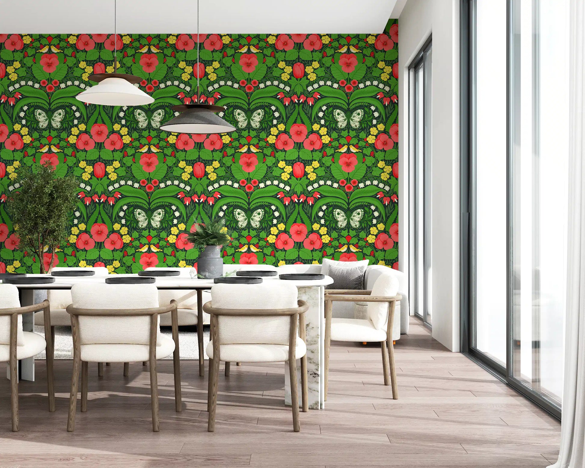 Sunlight hits the vibrant pansies wallpaper throughout this spacious Dining area.