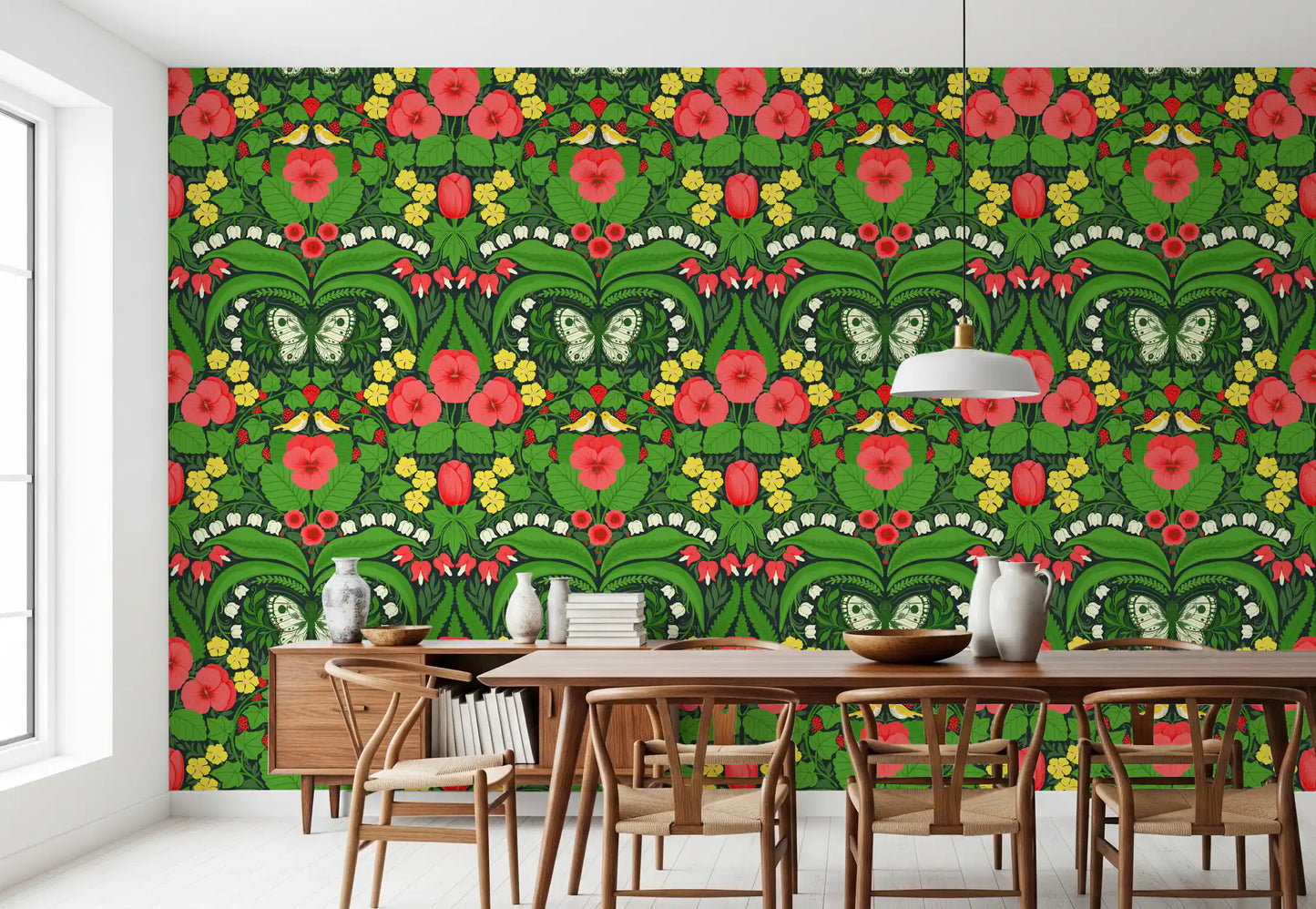 Dollhouse garden, pansies, birds and butterflies wallpaper fills this bright Dining room.