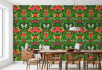 Dollhouse garden, pansies, birds and butterflies wallpaper fills this bright Dining room.