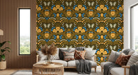 The Dollhouse garden, pansies, birds and butterflies Wallpaper fills the Living room.