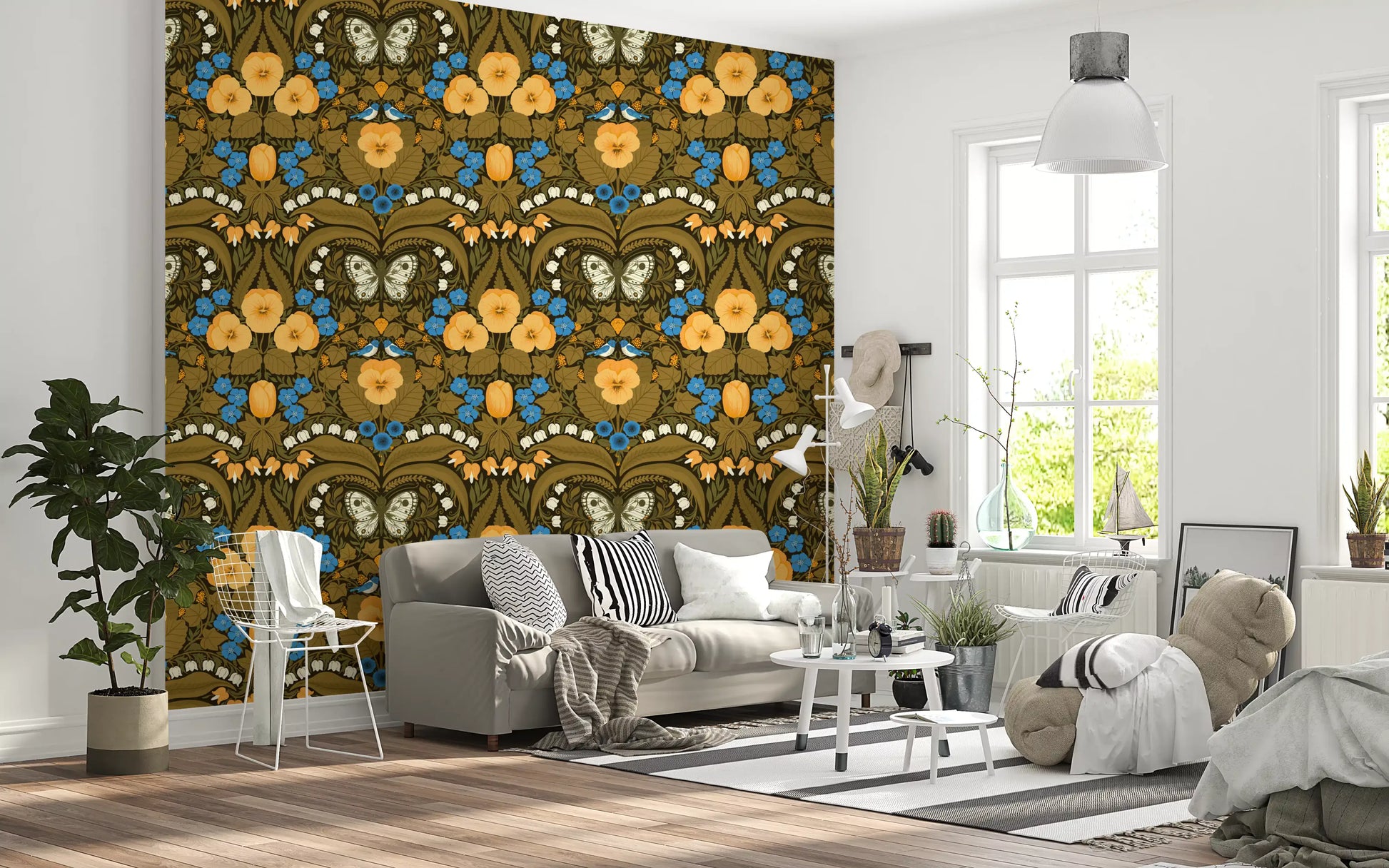 Elegant garden wallpaper defines the atmosphere of this bright dining Room