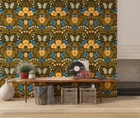 Vibrant pansies bloom across this detailed botanical wallpaper in a repeating pattern.