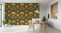 Intricate pansies appear on the elegant Dining room wallpaper throughout this quiet space.