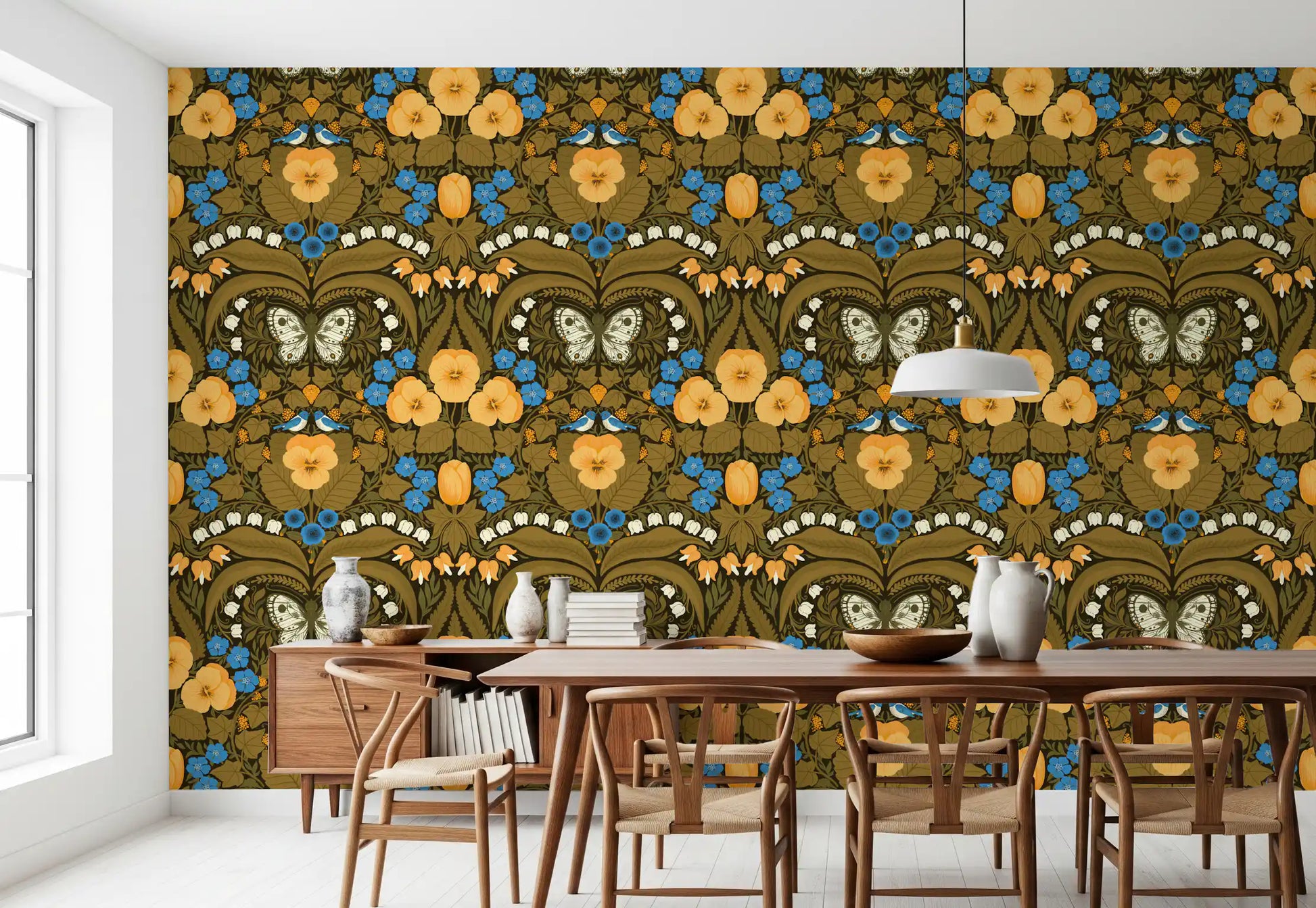 The Dollhouse garden, pansies, birds and butterflies Wallpaper displays intricate flora.