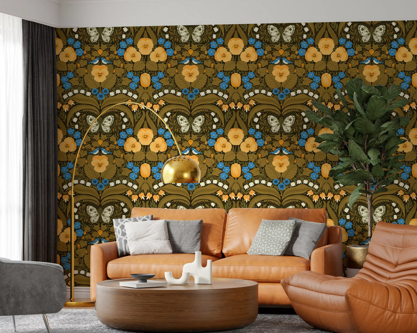 Colorful butterflies feature on the Living room wallpaper inside this home.
