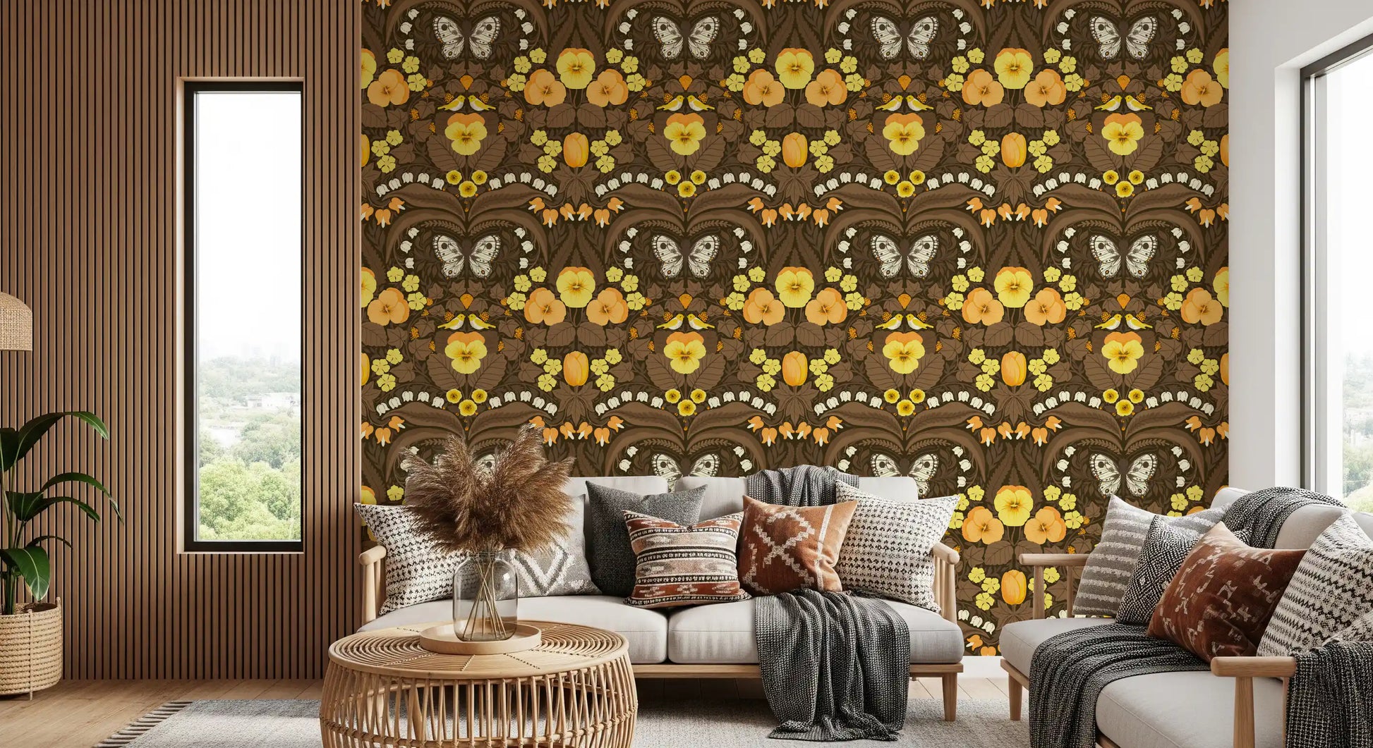 Warm colours fill this lounge wearing the Dollhouse garden wallpaper.