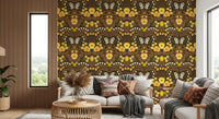 Warm colours fill this lounge wearing the Dollhouse garden wallpaper.