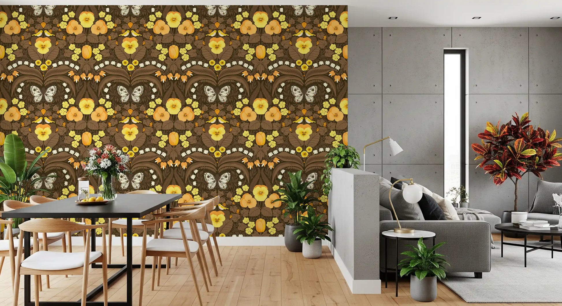 White bell-shaped flowers trail across the Dollhouse garden wallpaper.