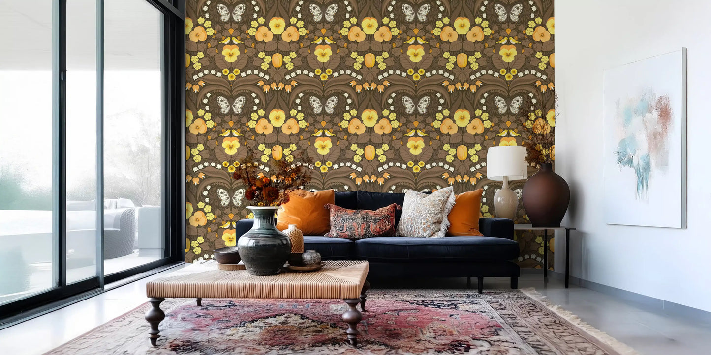 Sunny yellow pansies stand out on this Dollhouse garden wallpaper.