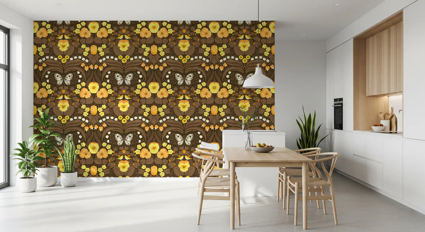 The bird and butterfly wallpaper sets a calm tone for a modern Dining room.