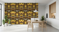 The bird and butterfly wallpaper sets a calm tone for a modern Dining room.