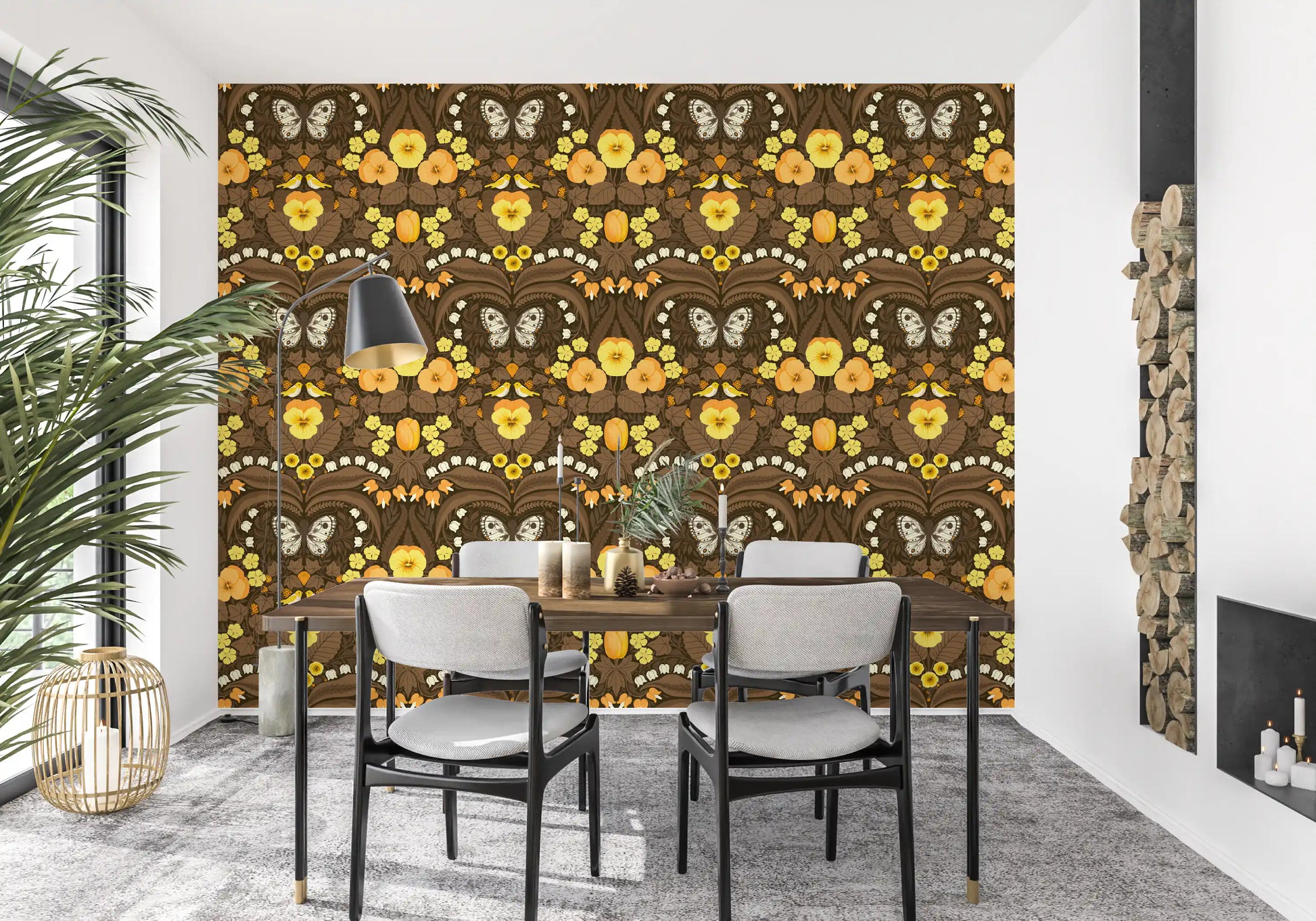 Deep brown backgrounds enhance bright petals on the Dollhouse garden wallpaper.