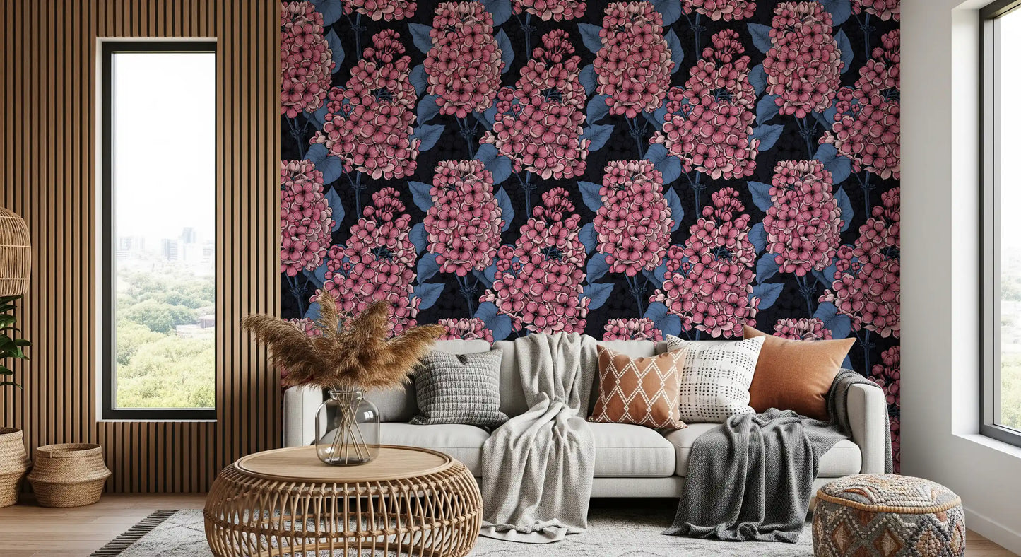 Floral patterns from the Lilac Wallpaper stretch across the living room.
