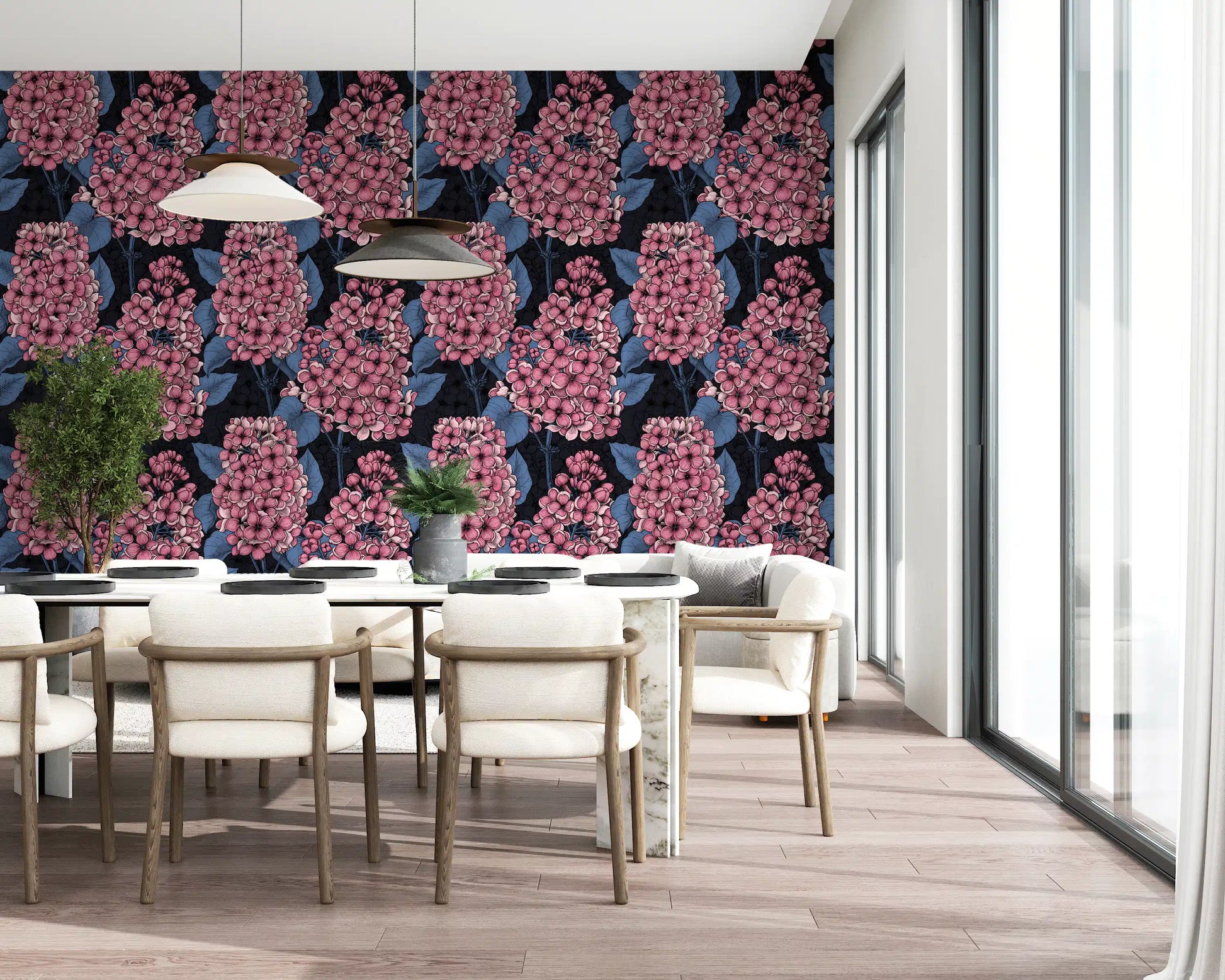 An organized dining room gains refined interest via this Lilac Wallpaper.