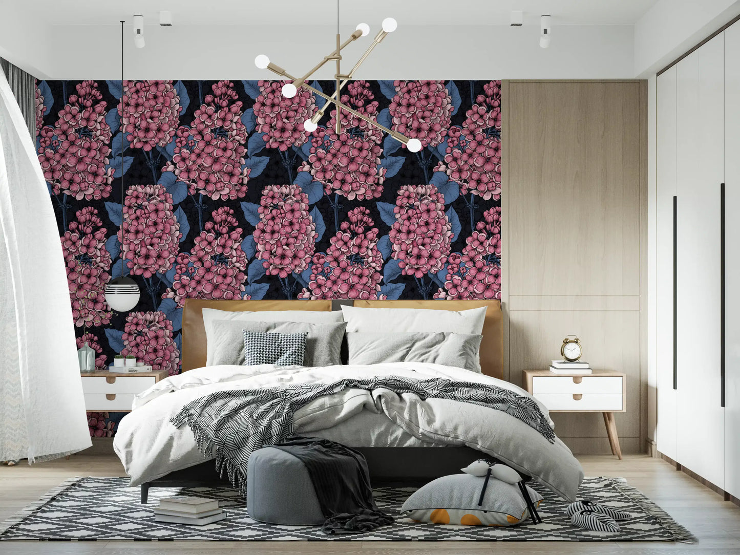 This minimalist bedroom uses the Lilac Wallpaper to create visual depth.