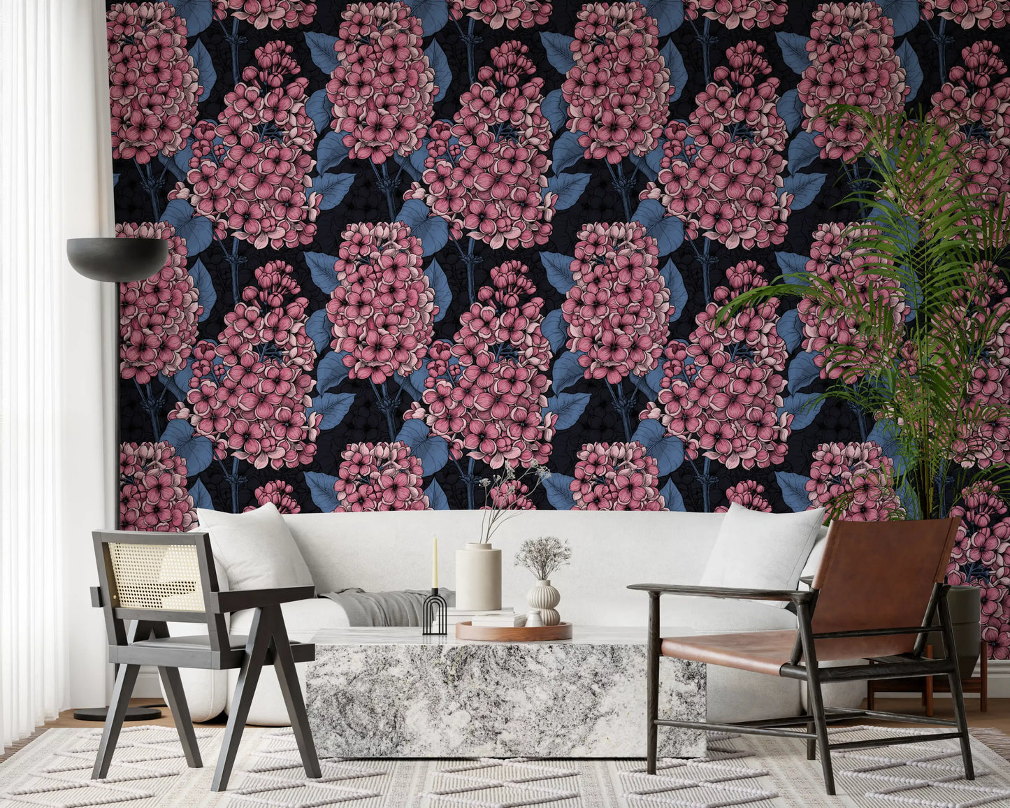 Pink lilac flowers decorate our custom wallpaper inside this bright Living room.