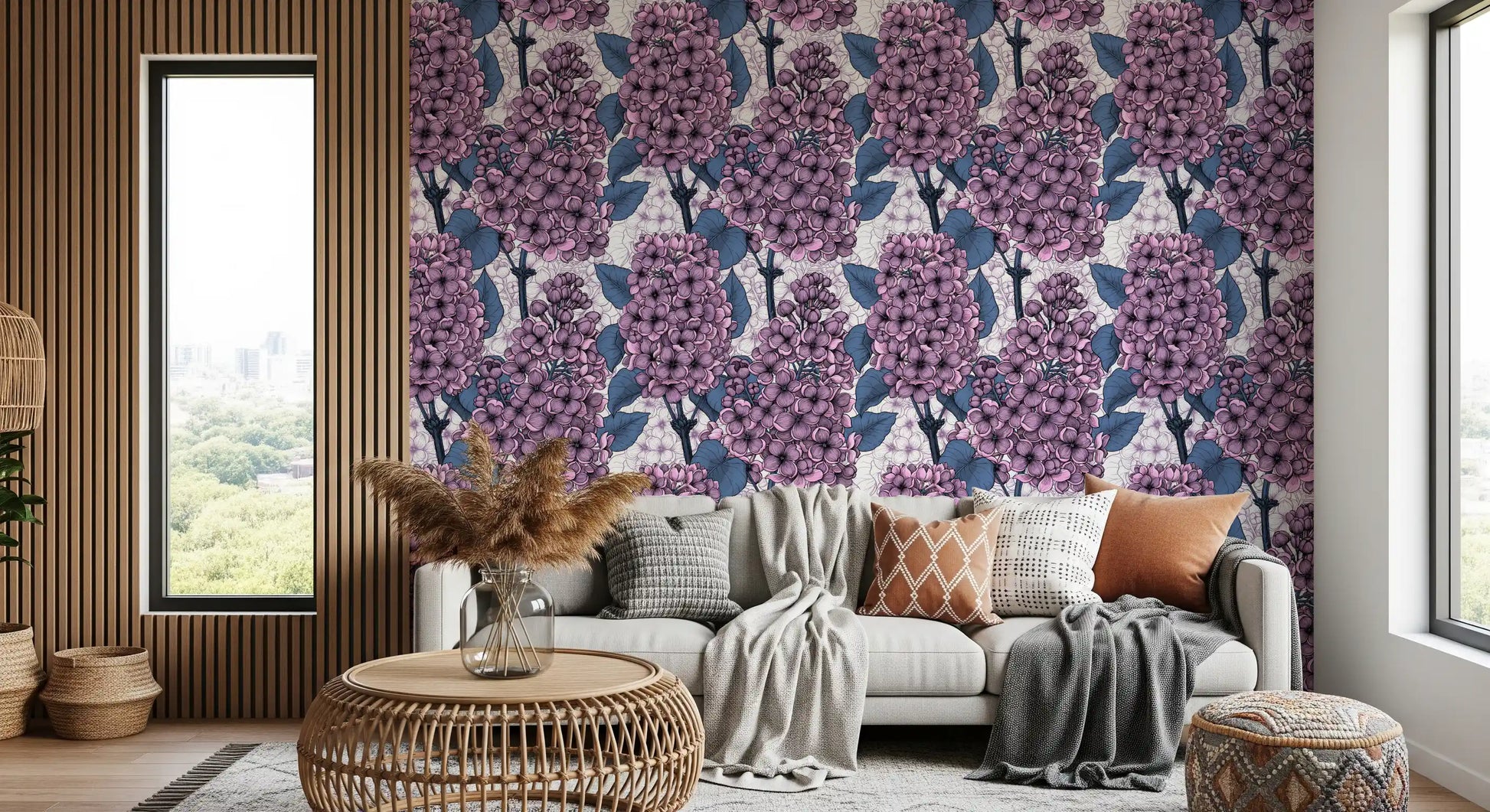 A cozy lounge feels truly inviting with the installed lilac wallpaper design.
