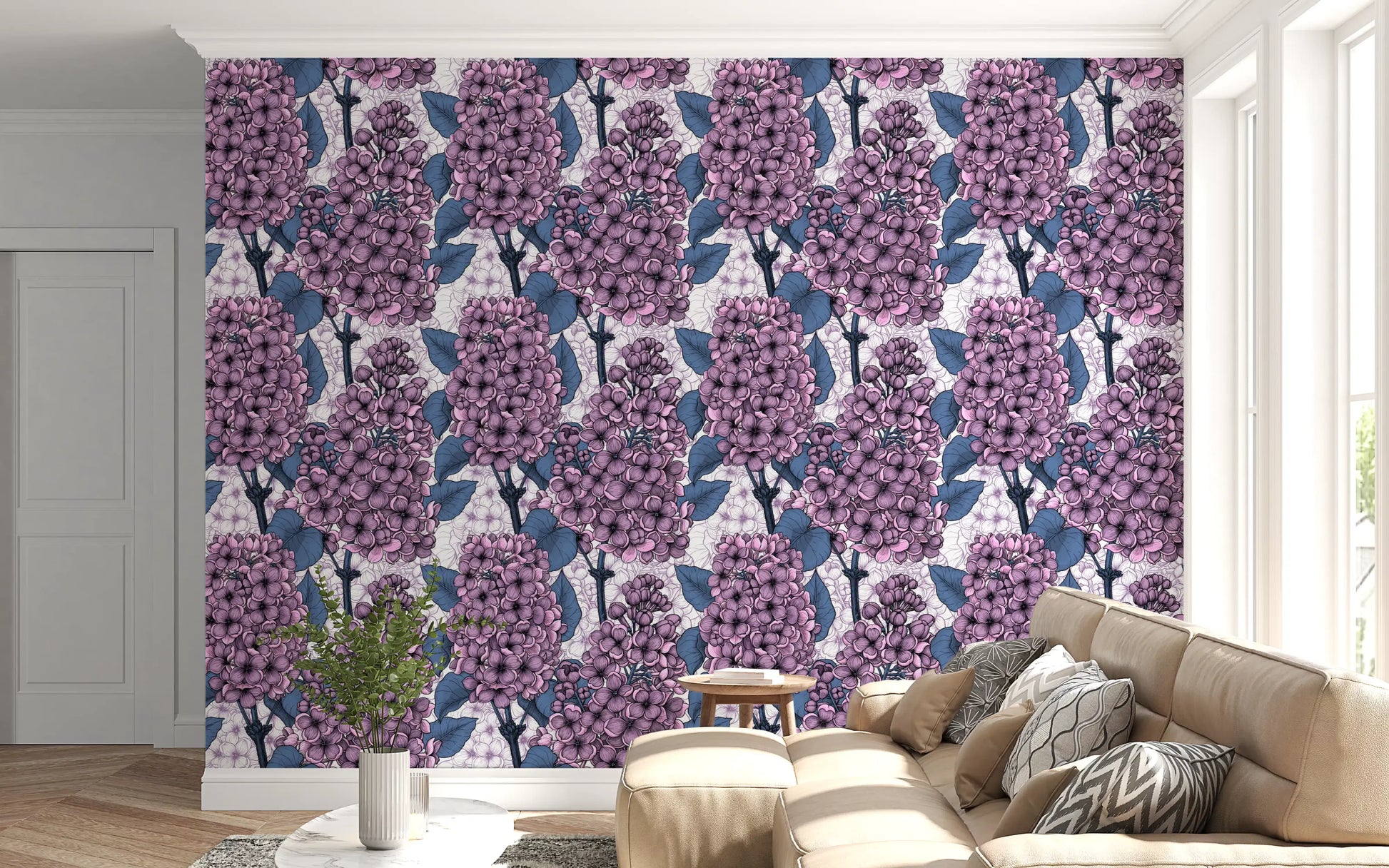 Dense purple clusters define the repeating pattern of this lilac wallpaper.