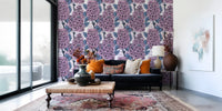 Detailed botanical drawings make up the intricate design of the lilac wallpaper.