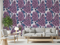 Lilac wallpaper adds a fresh and vibrant botanical look to the living room area.
