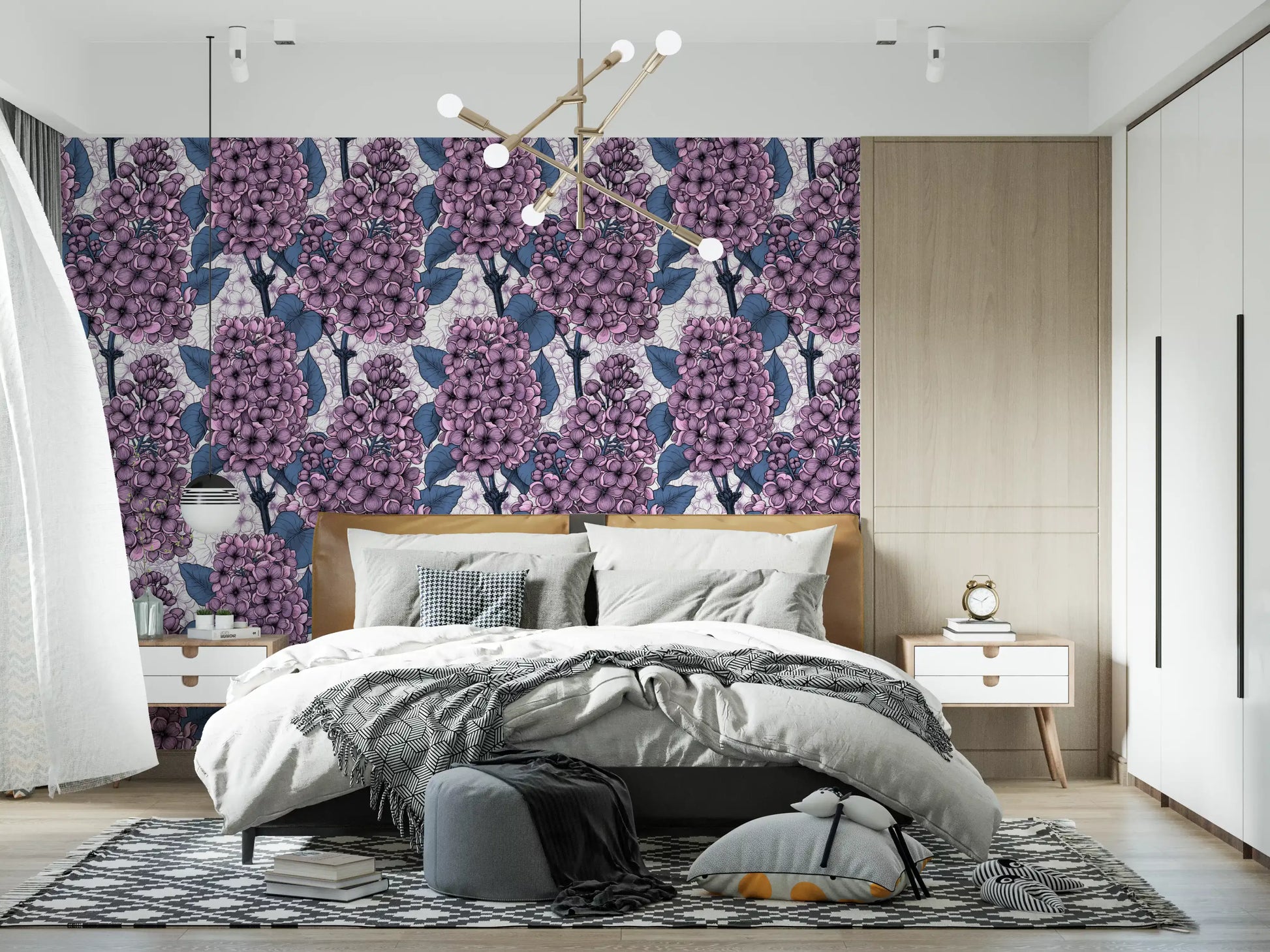 This lilac wallpaper brings a sophisticated garden charm to the Living room space.