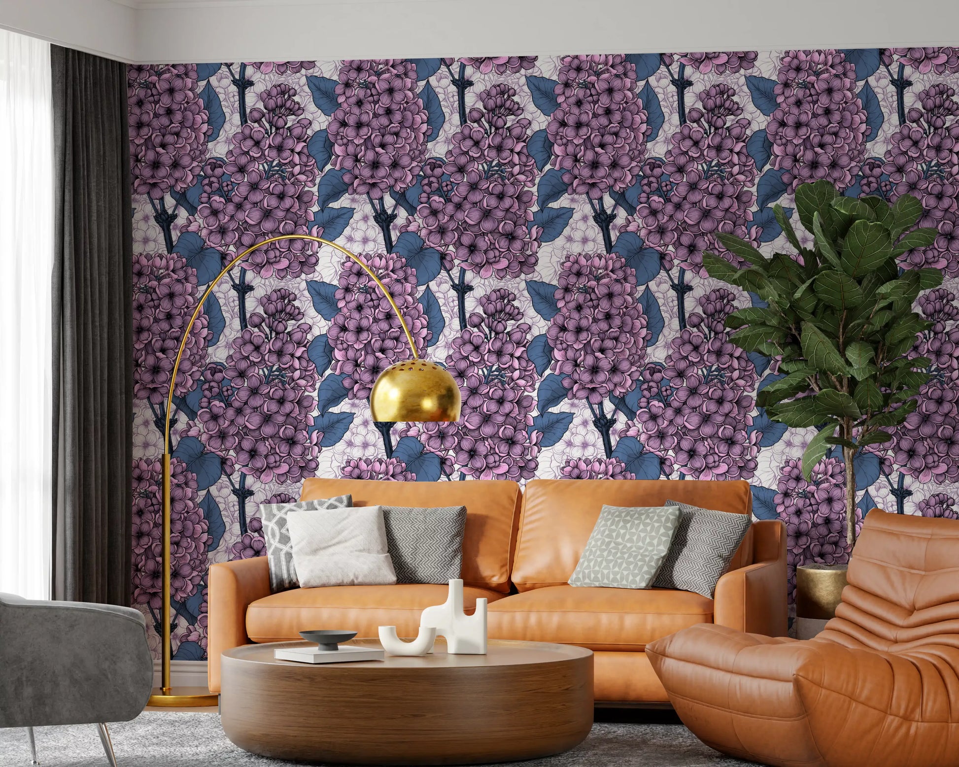 Greenish leaves intertwine gracefully across the surface of the lilac wallpaper.