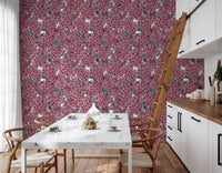 This Kitchen and dining room displays the rich botanical Pink Lilac wallpaper.