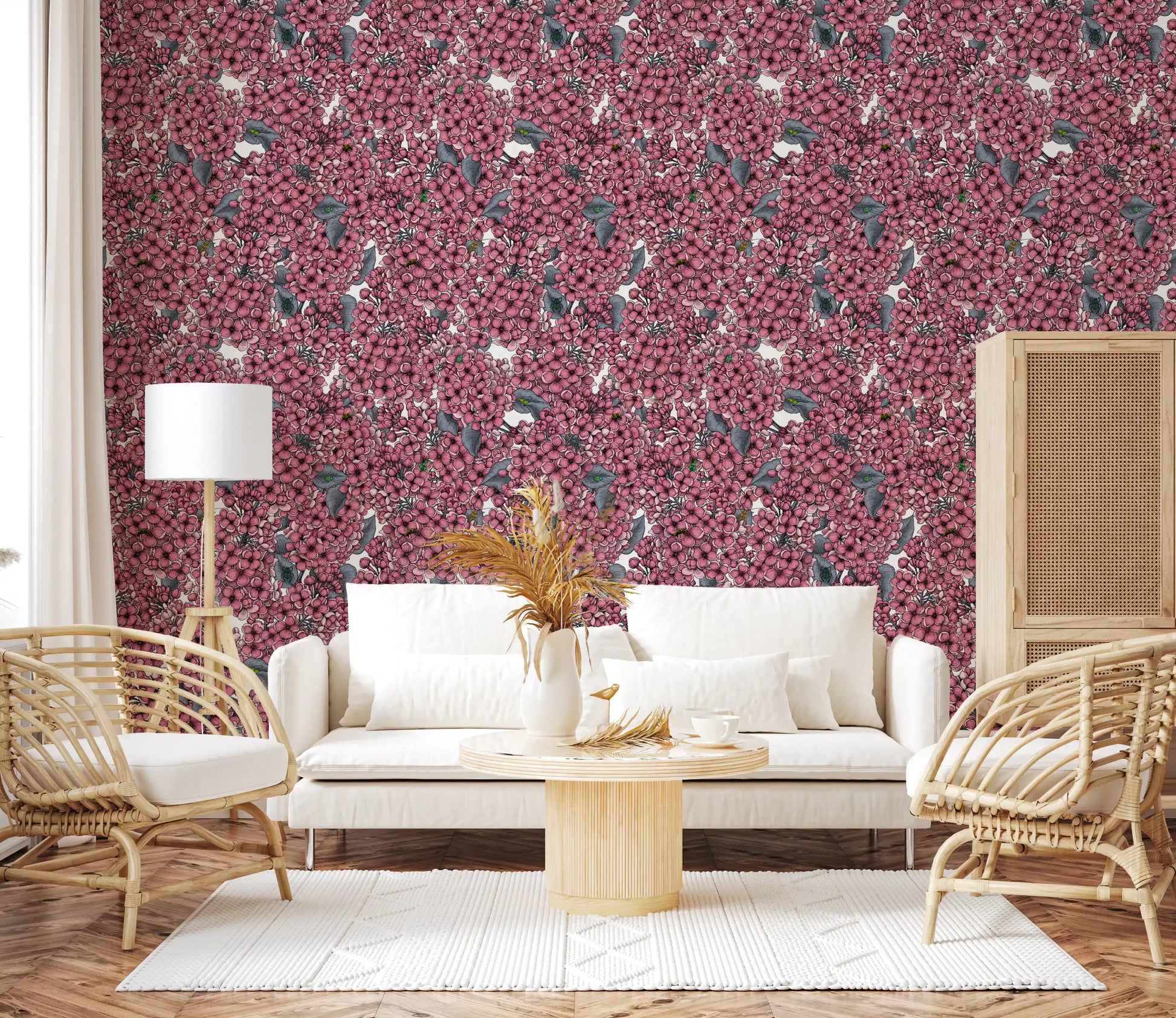 Foliage provides deep contrast against the bright blossoms on this wallpaper.