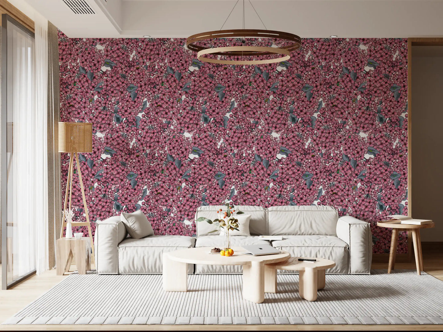 Floral Pink Lilac wallpaper surrounds the eating area in this Living room.