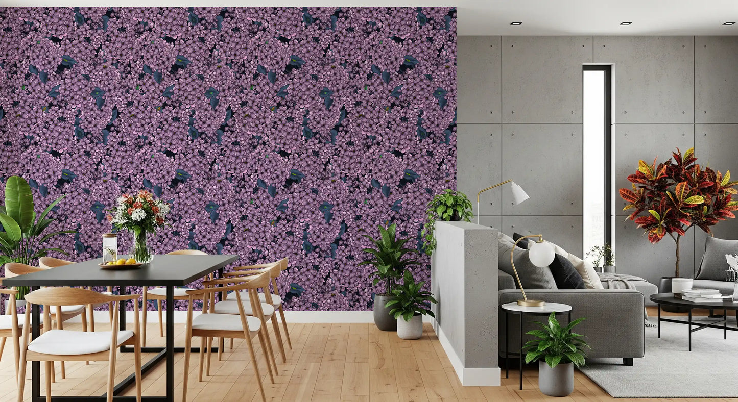 Dense clusters of blooms define the Violet Lilac garden wallpaper.