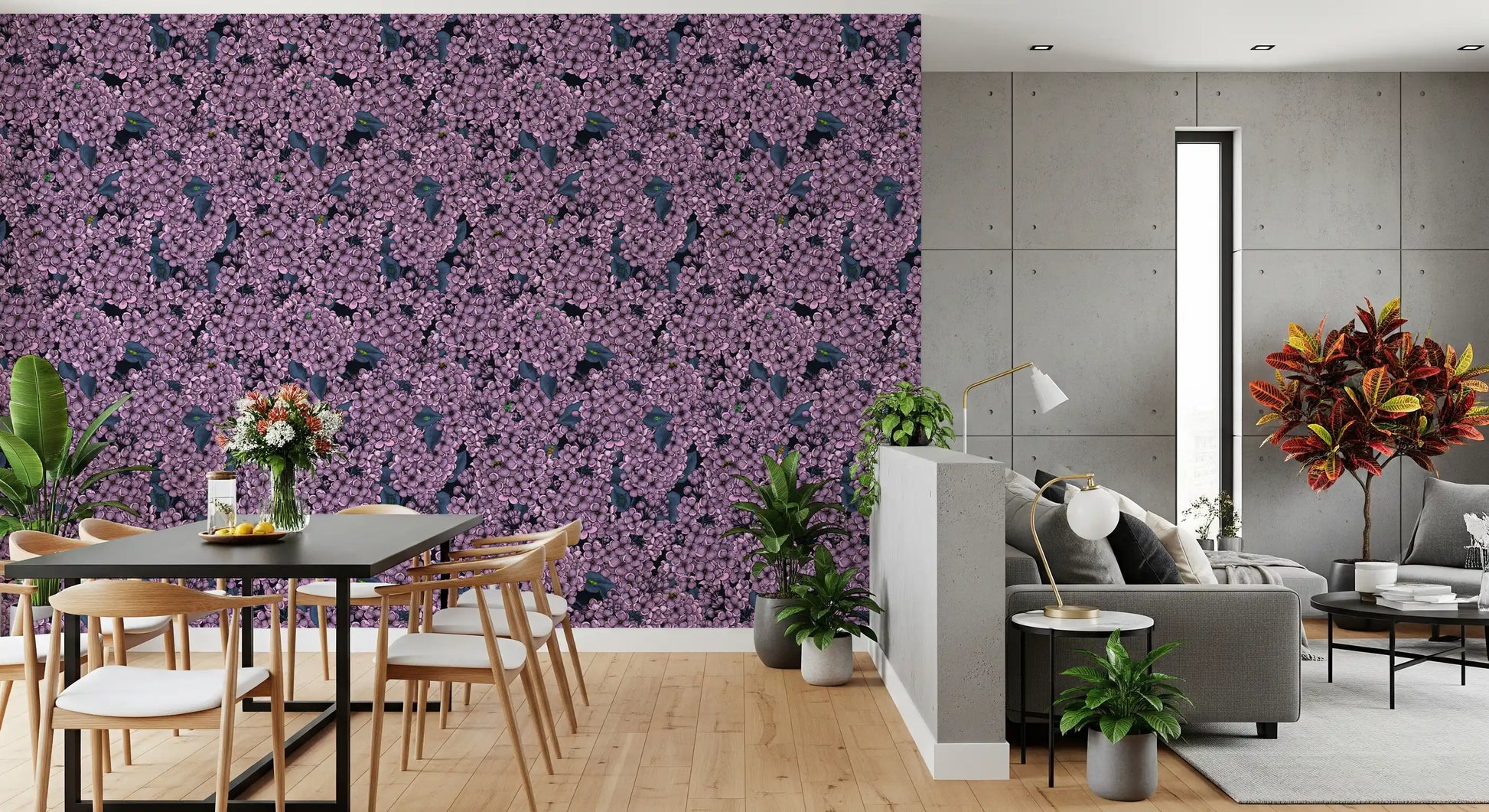 Dense clusters of blooms define the Violet Lilac garden wallpaper.