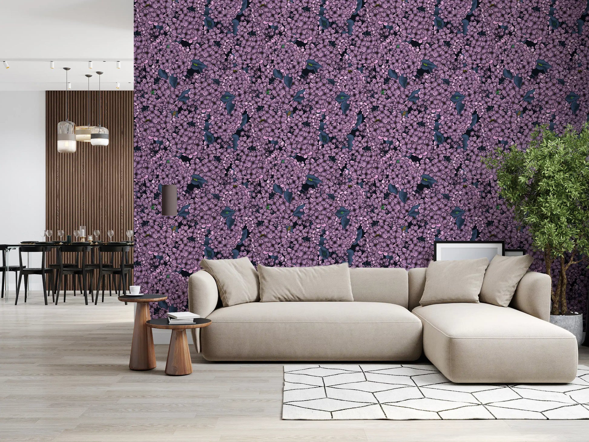 Dark Living room interiors benefit from this vibrant Violet Lilac garden wallpaper.
