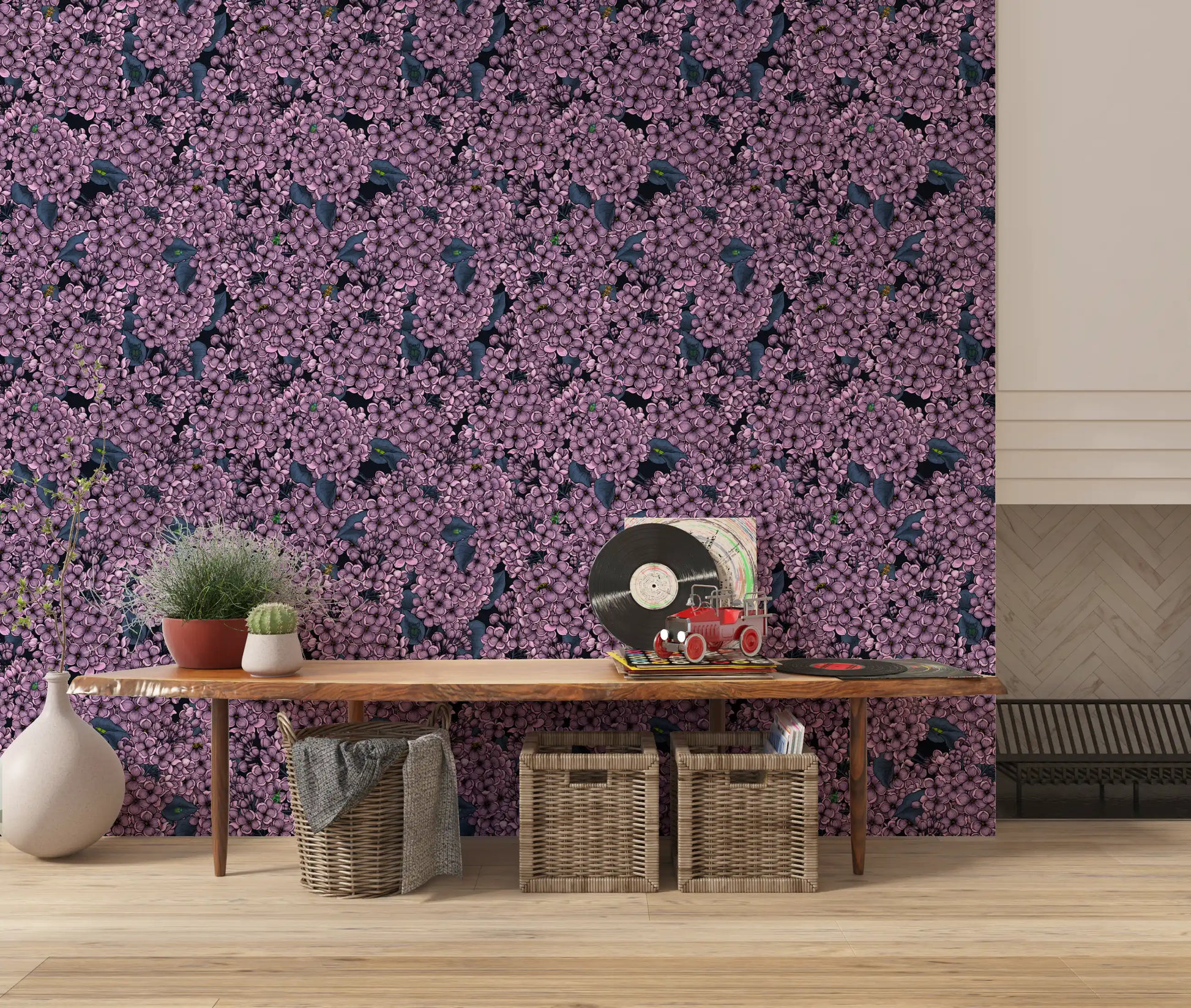 Small beetles rest on leaves throughout this Violet Lilac wallpaper.