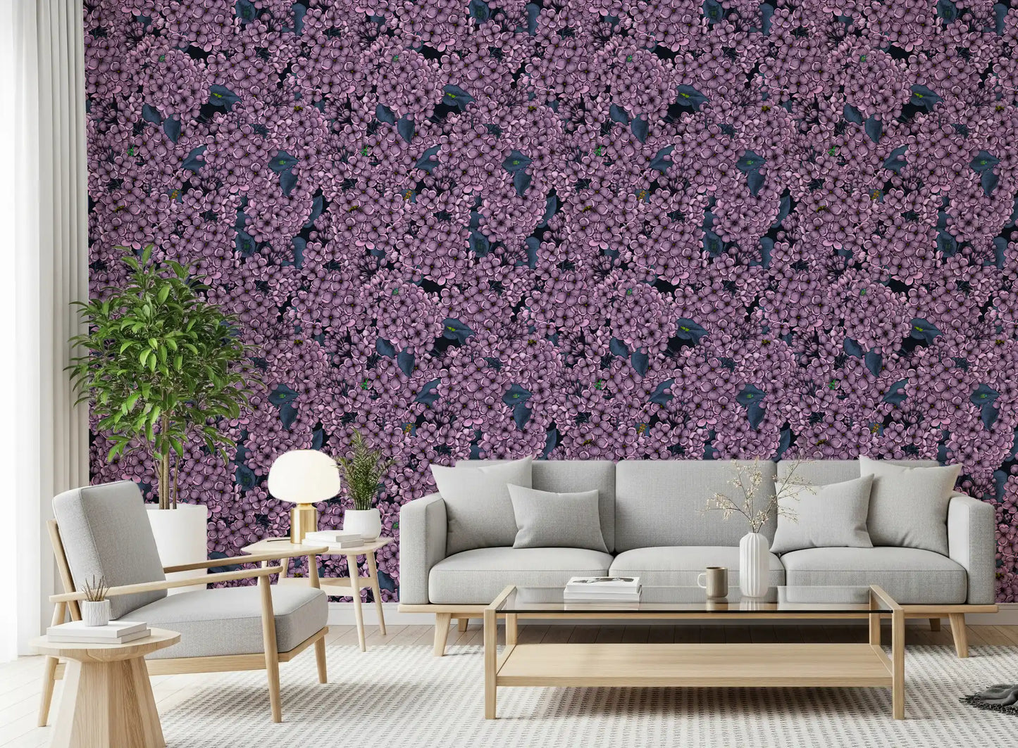 Floral patterns cover the entryway featuring this Violet Lilac garden wallpaper.