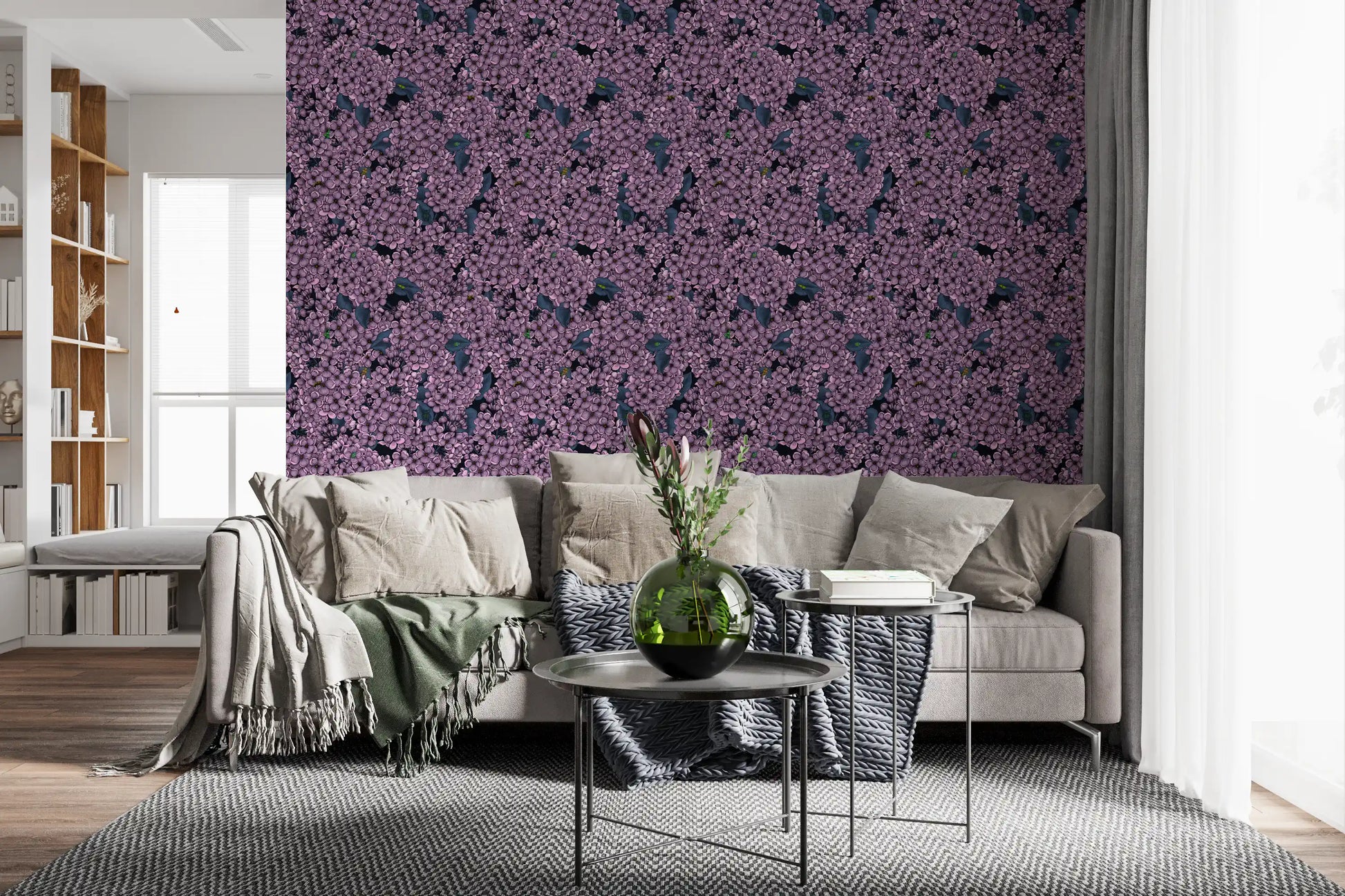 Dark blue foliage provides a backdrop for the garden wallpaper featuring Violet Lilac.