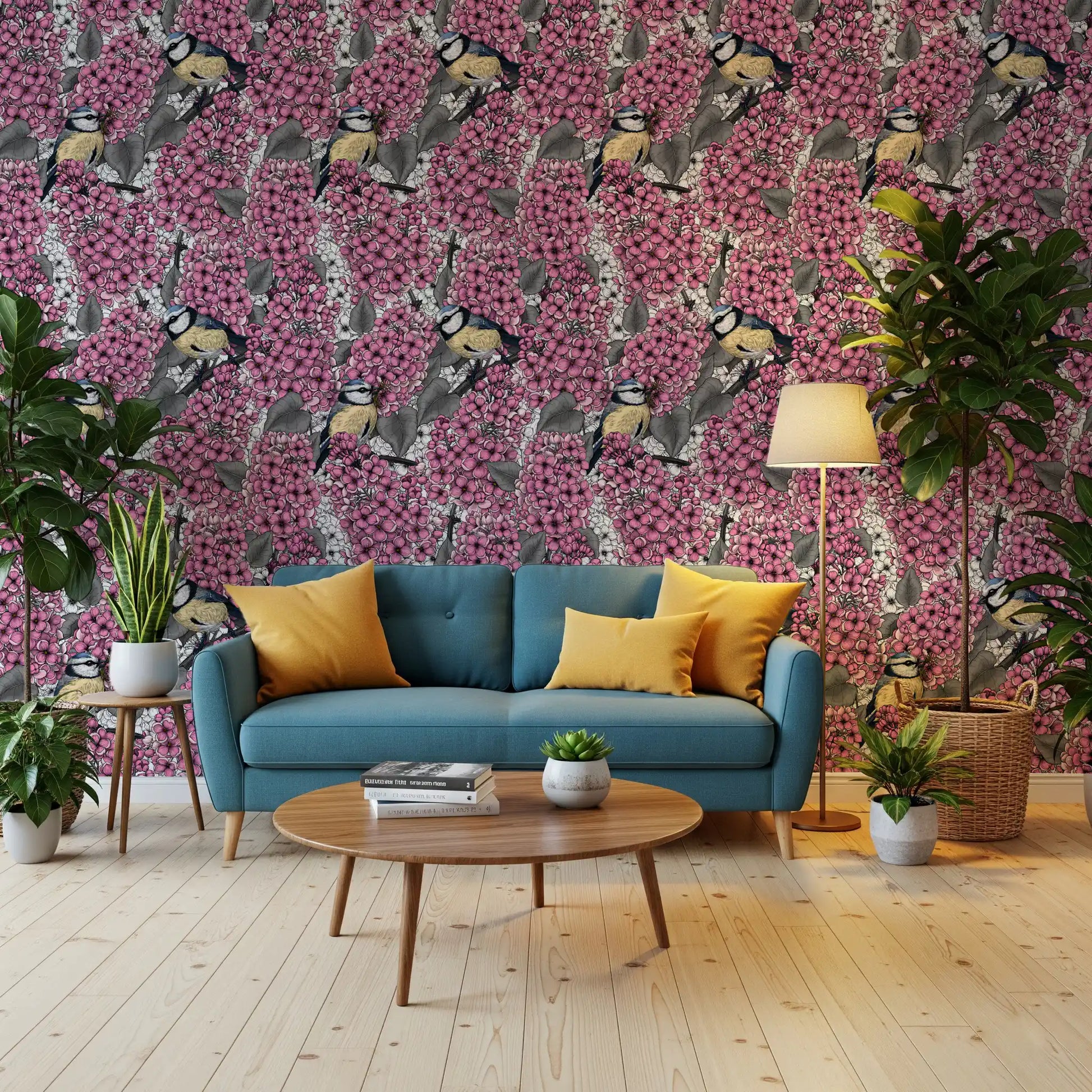 Living room areas include the Birds in pink lilac garden wallpaper.