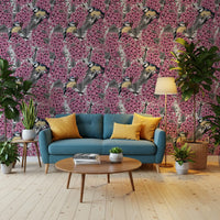 Living room areas include the Birds in pink lilac garden wallpaper.