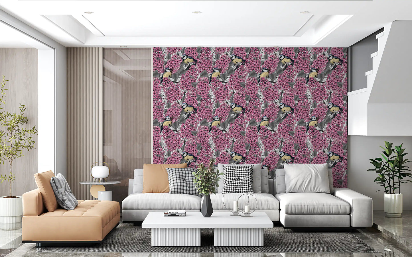 The Birds in pink lilac garden wallpaper shows grey leaves.